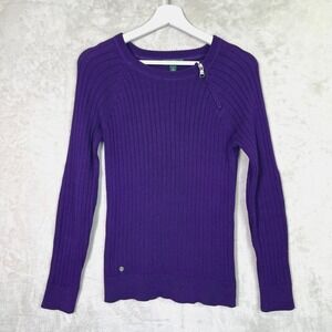 Ralph Lauren LRL Women's M Dark Purple Ribbed Sweater Zipper Elbow Patches